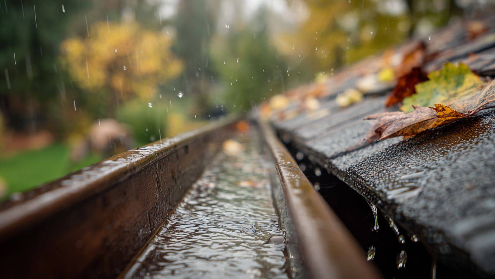 Clogged seamless gutters overflowing during rain, showing signs it’s time to replace old gutters