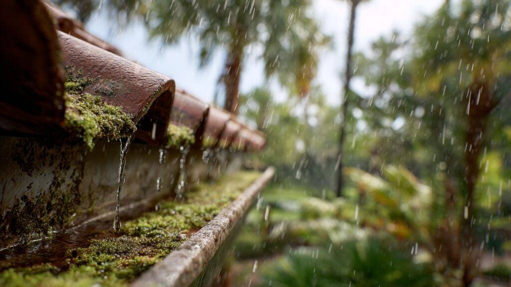 Leaking seamless gutters in Florida with algae buildup and water dripping during heavy rain gutter leaks in Florida
