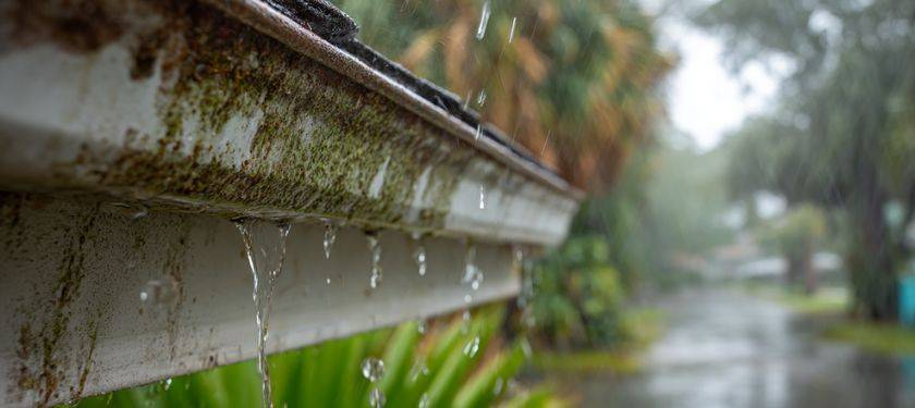 Gutter leaks in Florida causing water to drip from damaged gutters and rot fascia boards