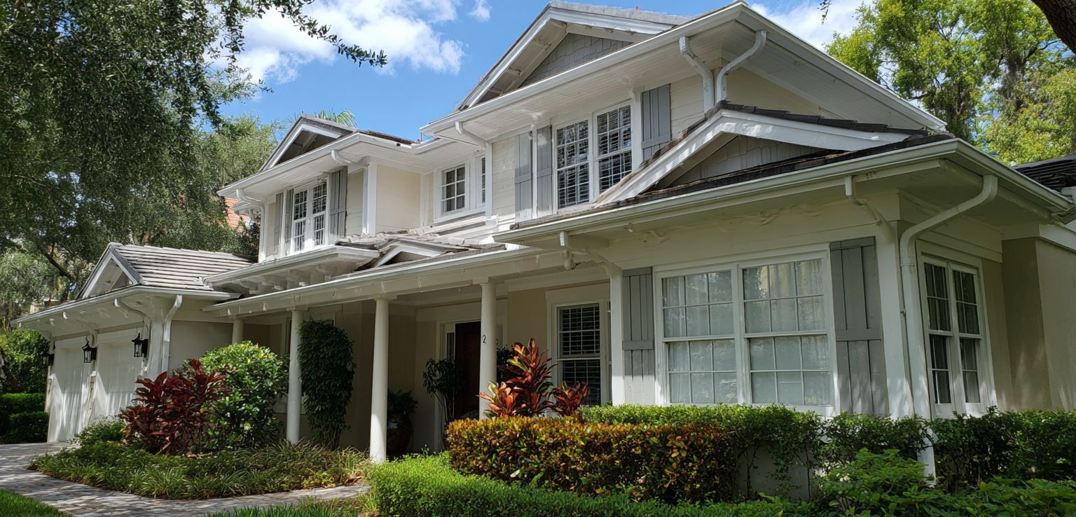 Tampa Bay gutter services installation on coastal Florida home with white seamless gutters and downspout