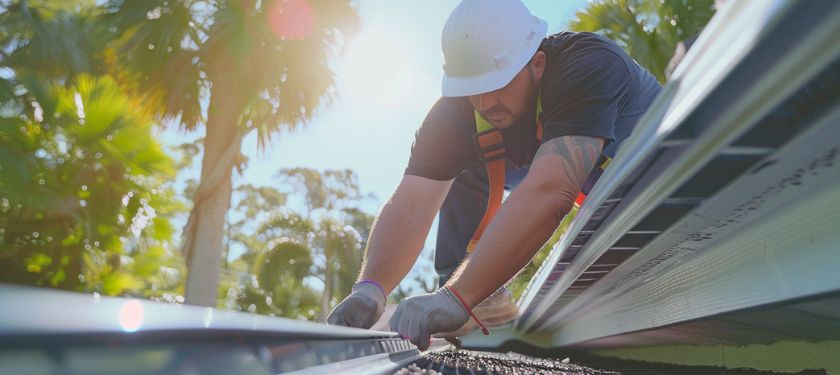 Gutter Guards Installation in Riverview technician installing mesh gutter guard system on Florida home roofline