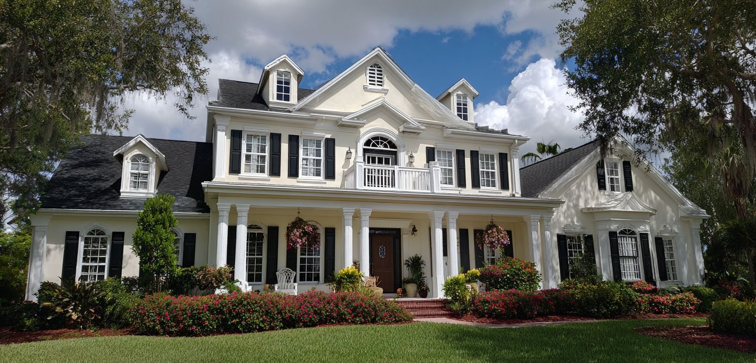 Tampa Bay gutter services installation on luxury Florida home with white seamless gutter system