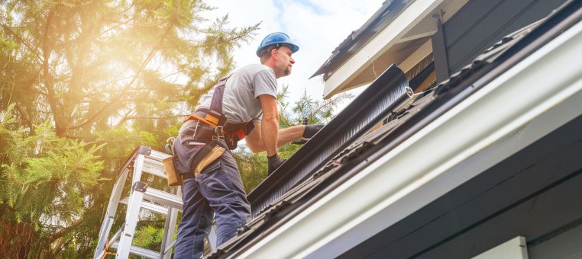 Gutter Repair in Riverview, FL contractor installing or repairing seamless gutter system on residential roof