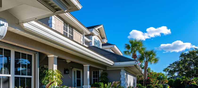 Gutter Repair in Riverview, FL on modern Florida home with seamless gutter system and palm tree landscaping