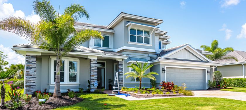 Gutter Repair in Riverview, FL service on two story Florida home with ladder positioned for gutter inspection