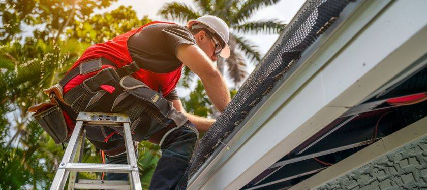Gutter installation Brandon FL technician installing gutter guards on seamless gutters using ladder access.