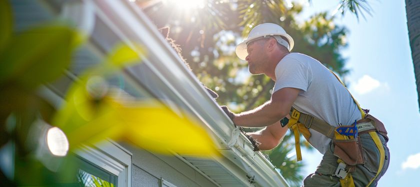 Gutter Installation in Riverview, FL contractor cleaning and repairing residential gutter system on Florida home roof