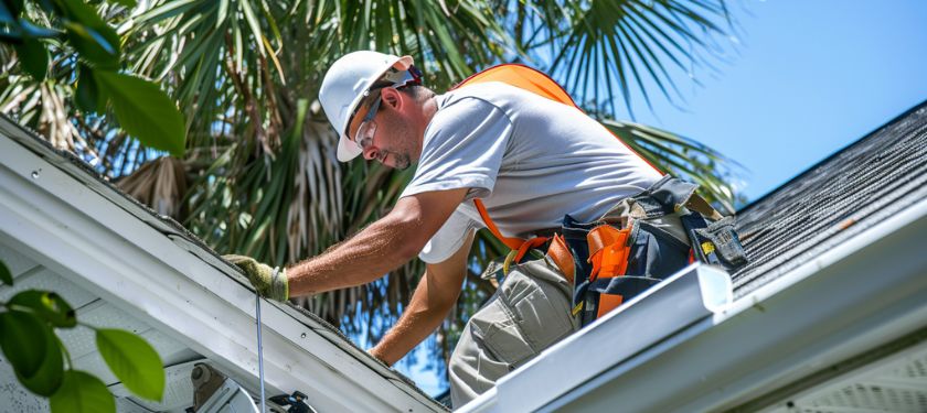 Gutter Installation in Riverview, FL technician installing or repairing seamless gutter system on residential roofline