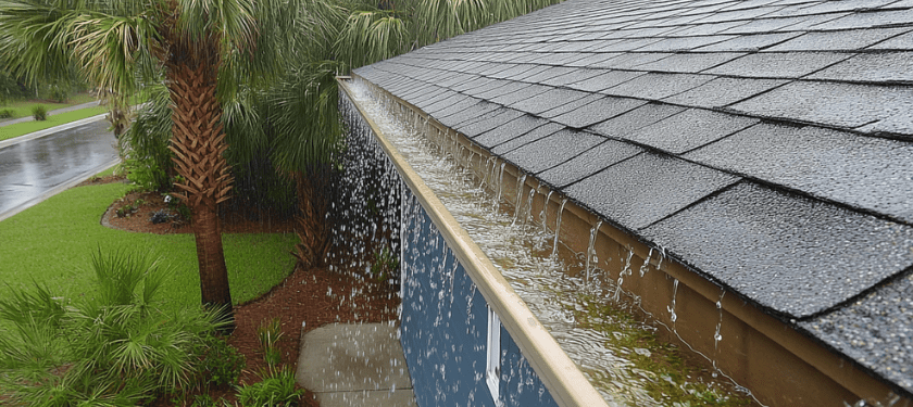 Drainage solutions for Florida homes showing overflowing gutters during heavy rain