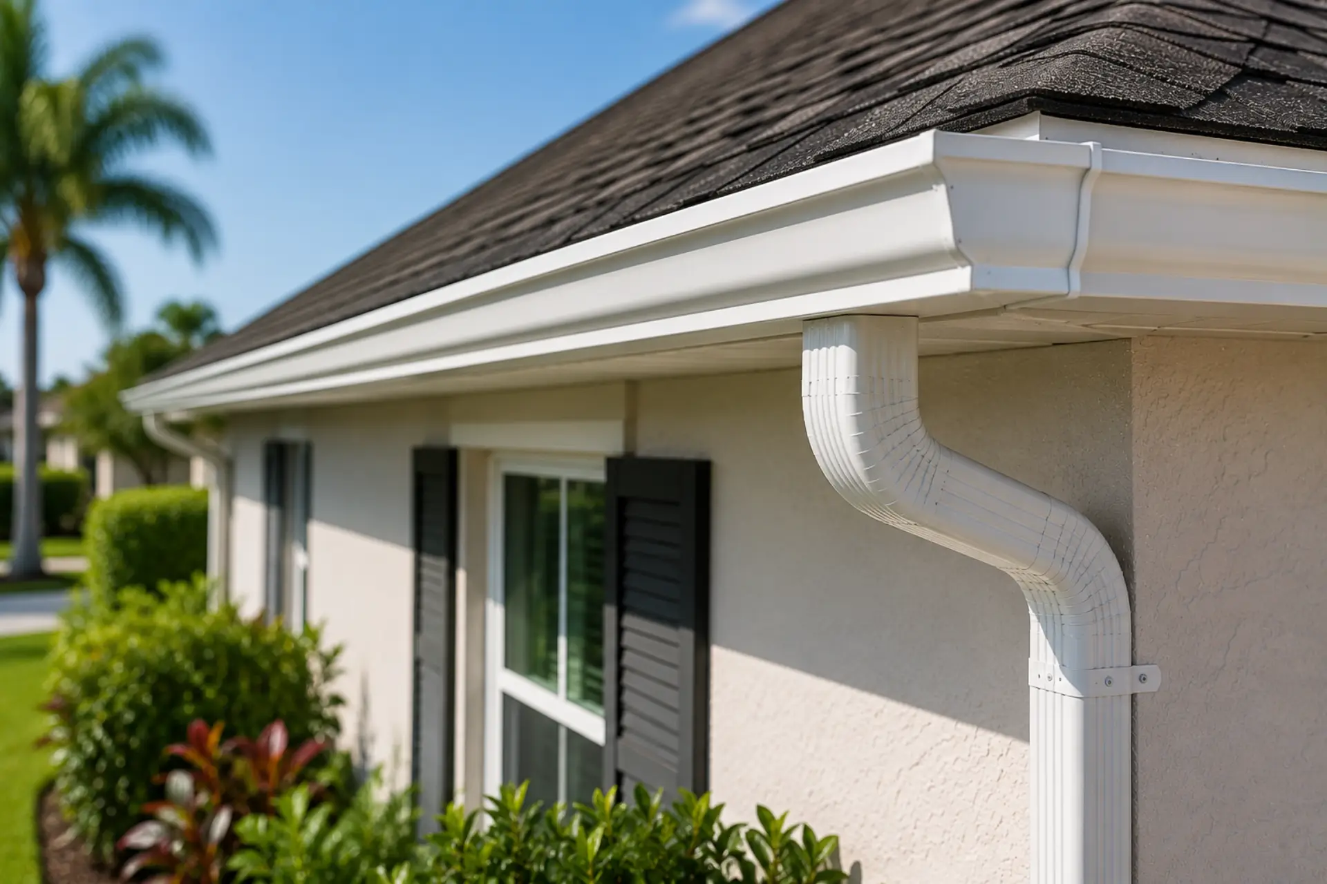 Local gutter installation specialists installing seamless gutters on Florida home in Sun City Center