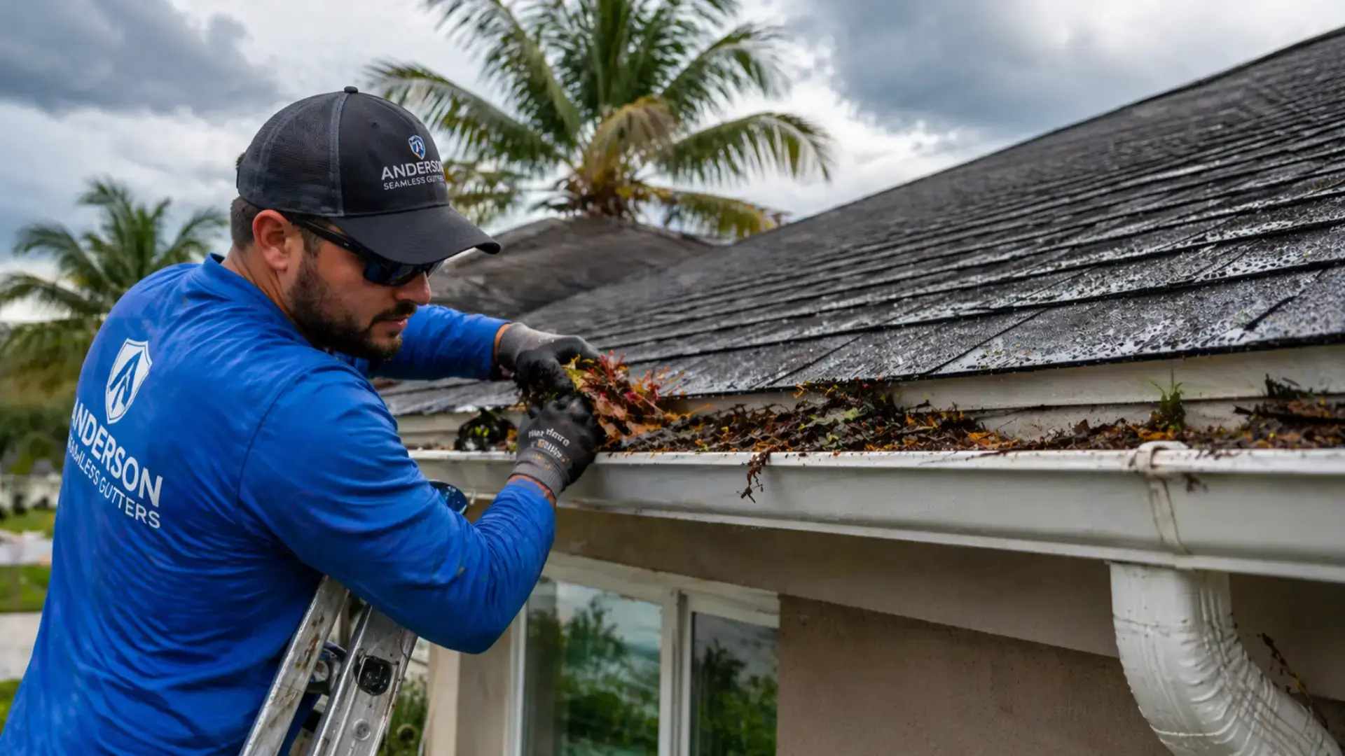 Hurricane gutter preparation Florida technician cleaning and reinforcing gutters before storm