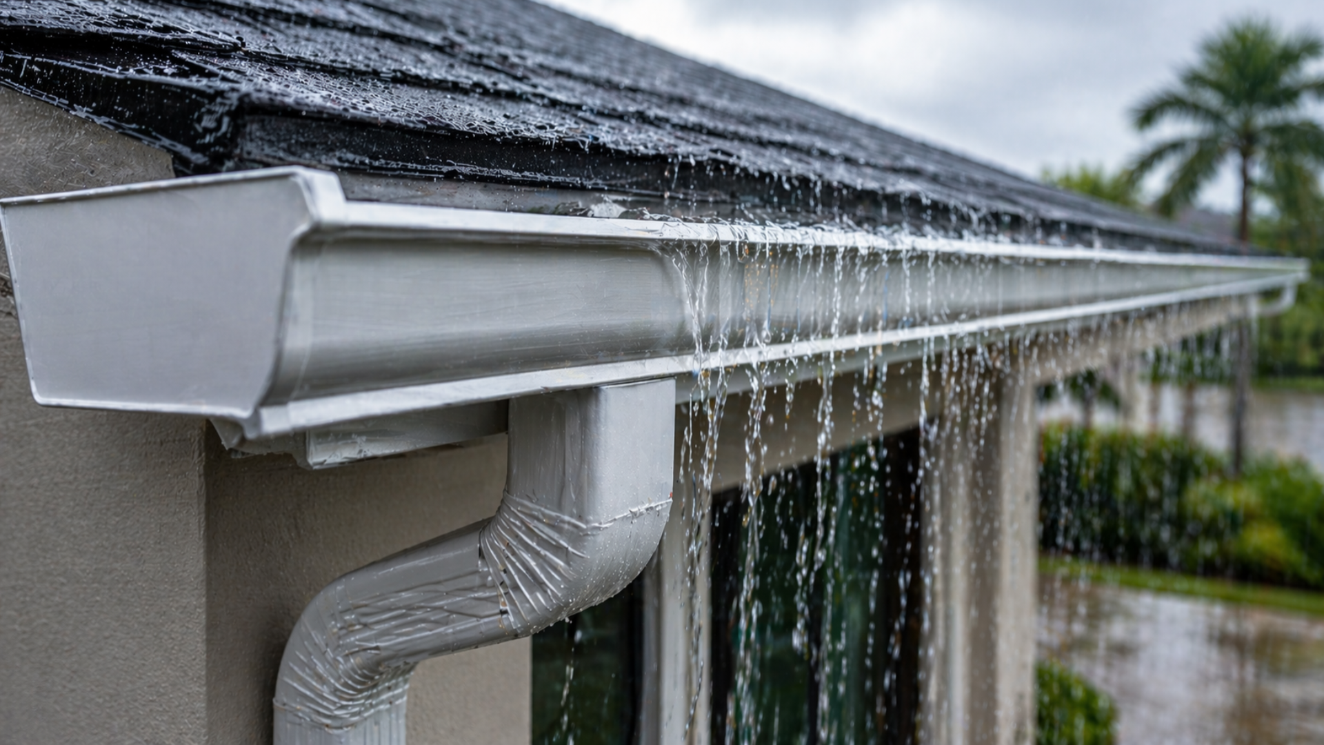 Close-up seamless gutters Florida aluminum system installed on home