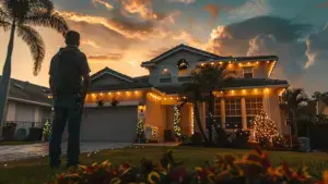 gutter maintenance Florida holiday-ready home with clean seamless gutters and Christmas lights