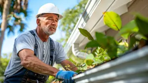 gutter maintenance Florida technician clearing storm debris from residential gutter system