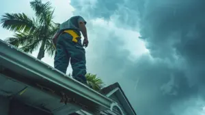 fall gutter cleaning Florida technician inspecting residential gutters after storm season
