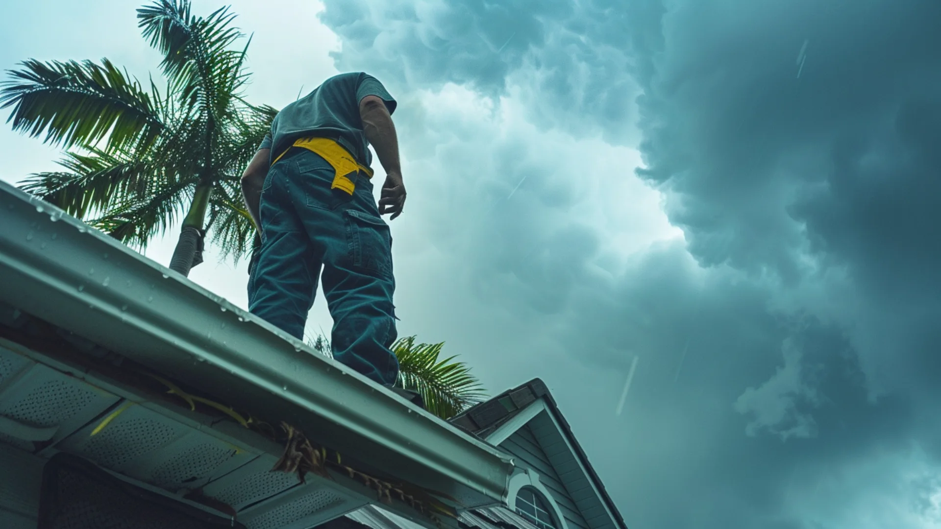 fall gutter cleaning Florida technician inspecting residential gutters after storm season
