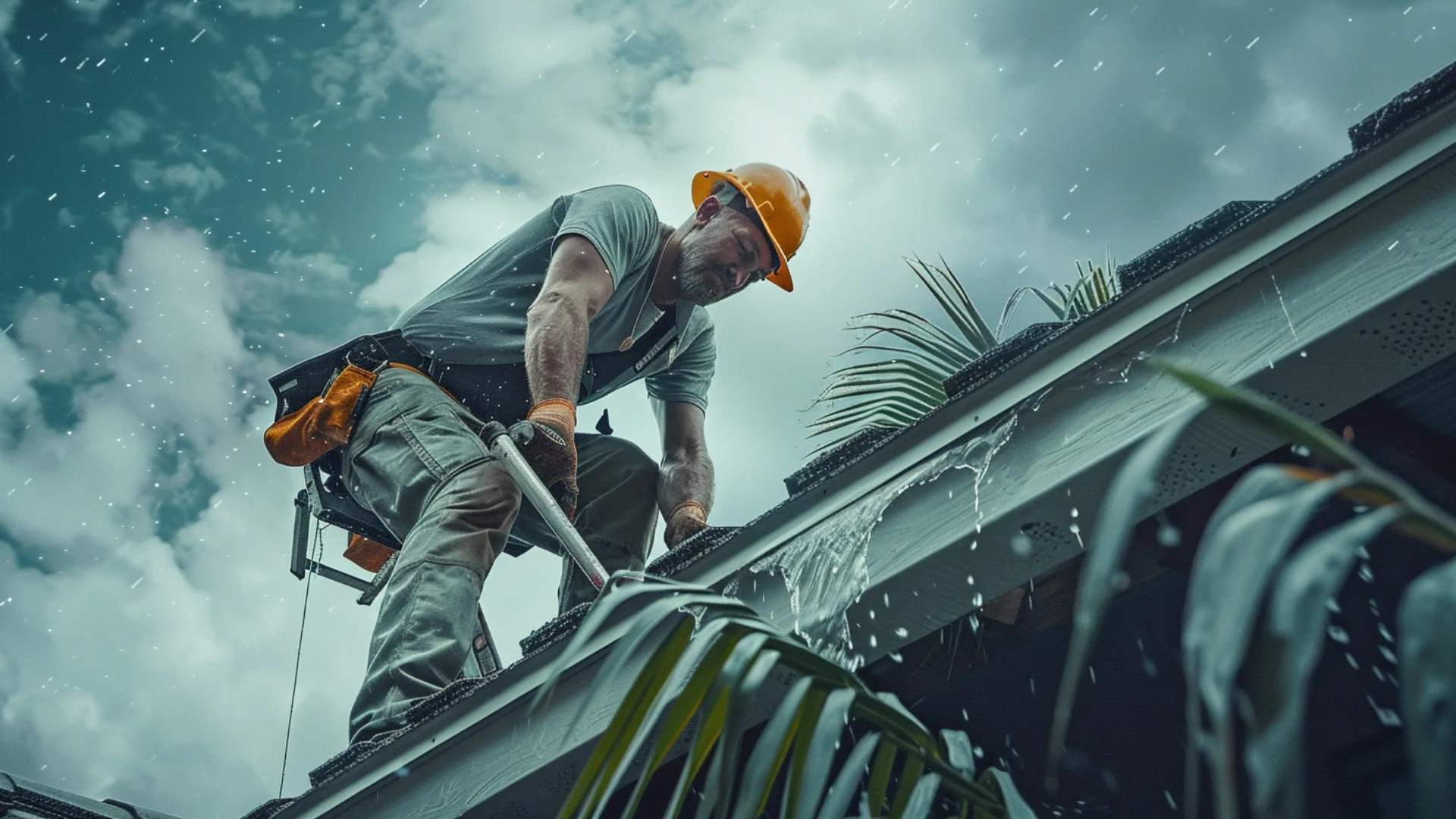 technician cleaning seamless gutters on a Florida home during fall maintenance